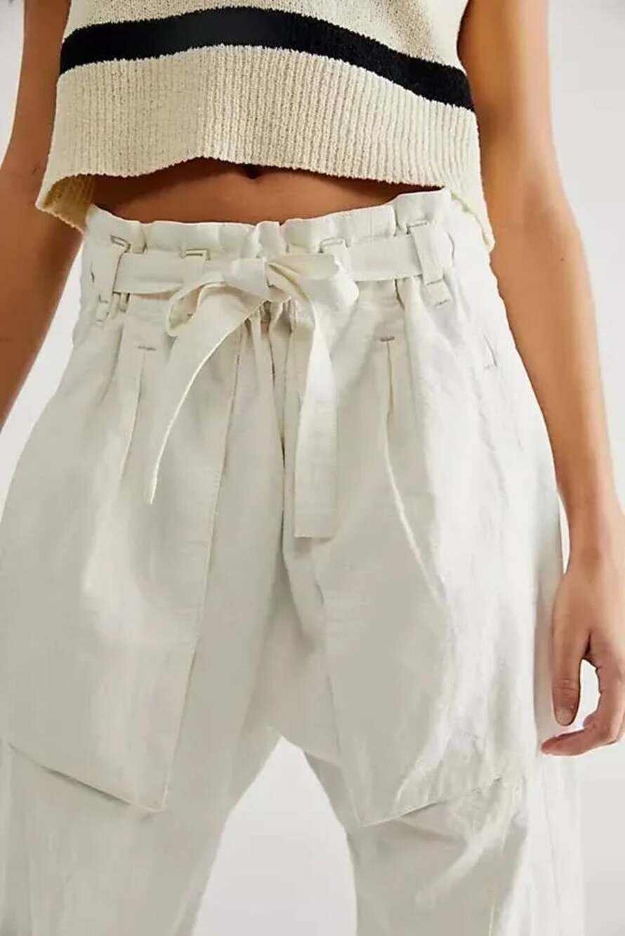 Free People Sky Rider Straight-Leg Ecru Paperbag Waist Pants Large - Picture 7 of 15